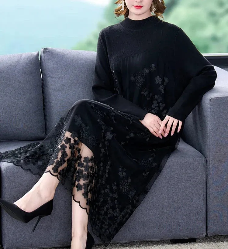 Spliced Embroidery Round Neck Long Sleeve Knit Dress