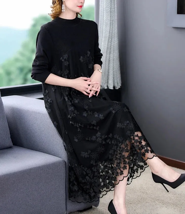 Spliced Embroidery Round Neck Long Sleeve Knit Dress