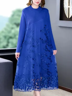 Spliced Embroidery Round Neck Long Sleeve Knit Dress