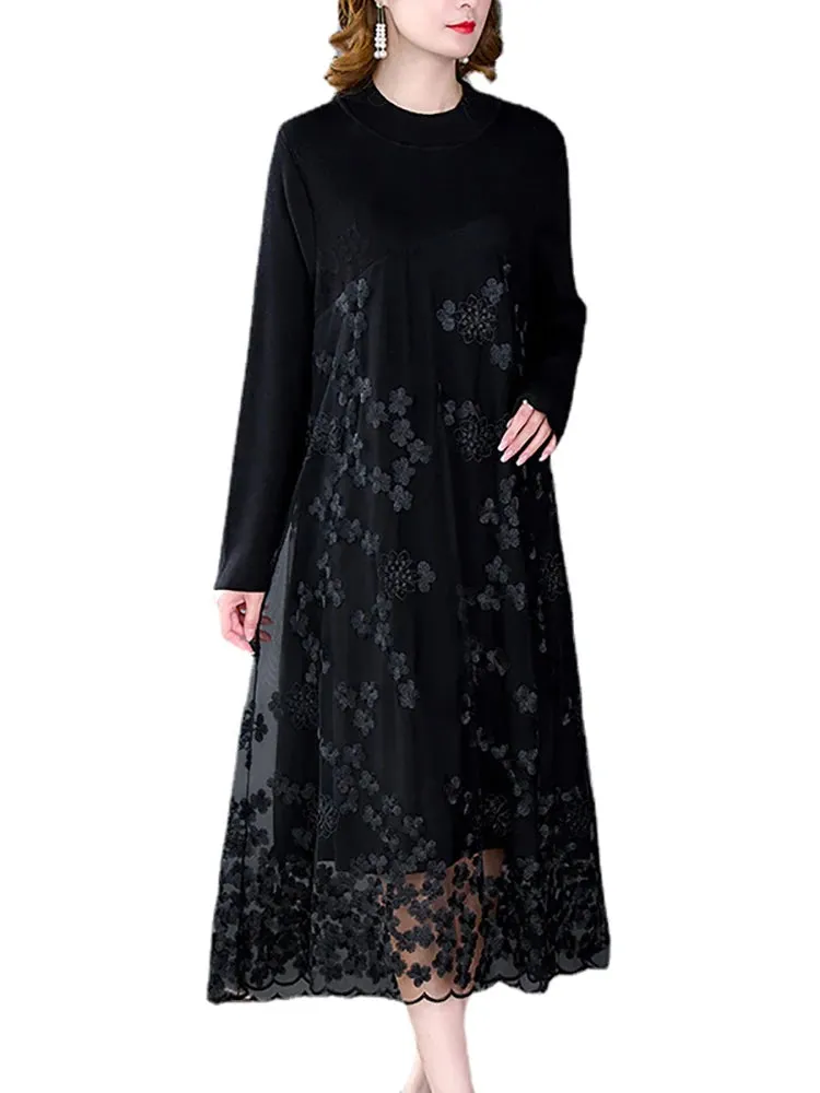 Spliced Embroidery Round Neck Long Sleeve Knit Dress