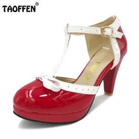 TAOFFEN Size 32-48 Women High Heel Sandals Round Toe Square Heels Shoes Women's Platform Sandals bow Wedding Shoes Footwear