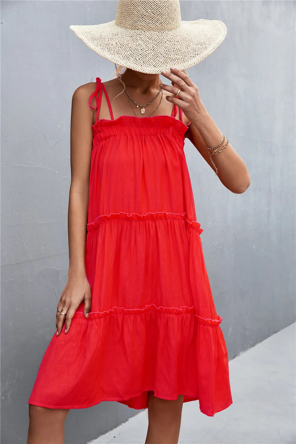 Tie-Shoulder Frill Trim Sleeveless Dress