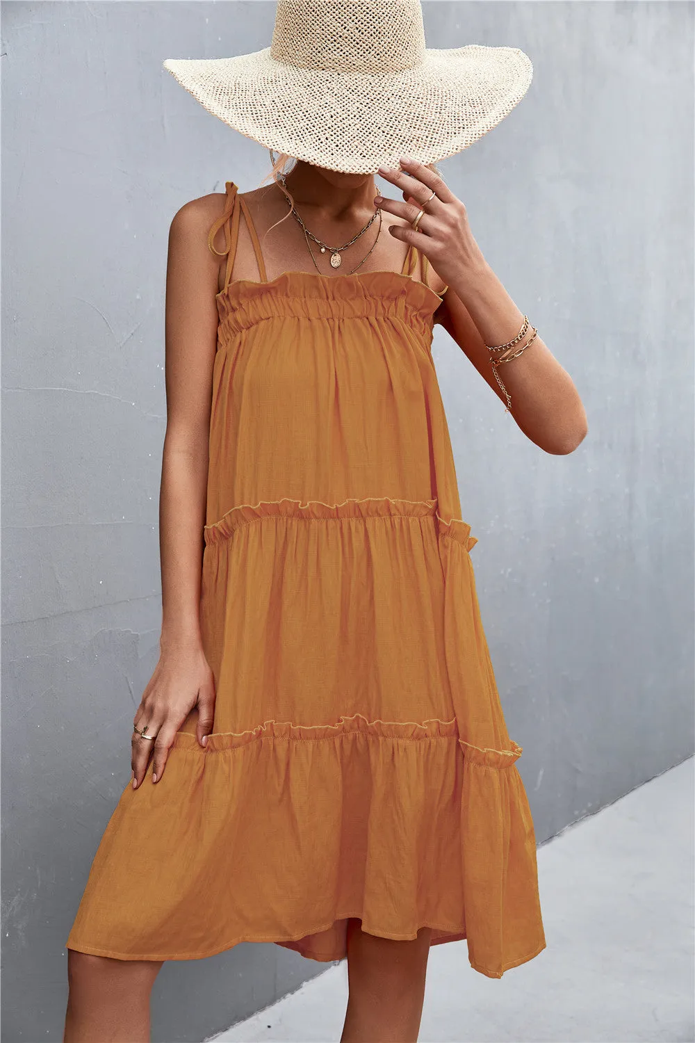 Tie-Shoulder Frill Trim Sleeveless Dress