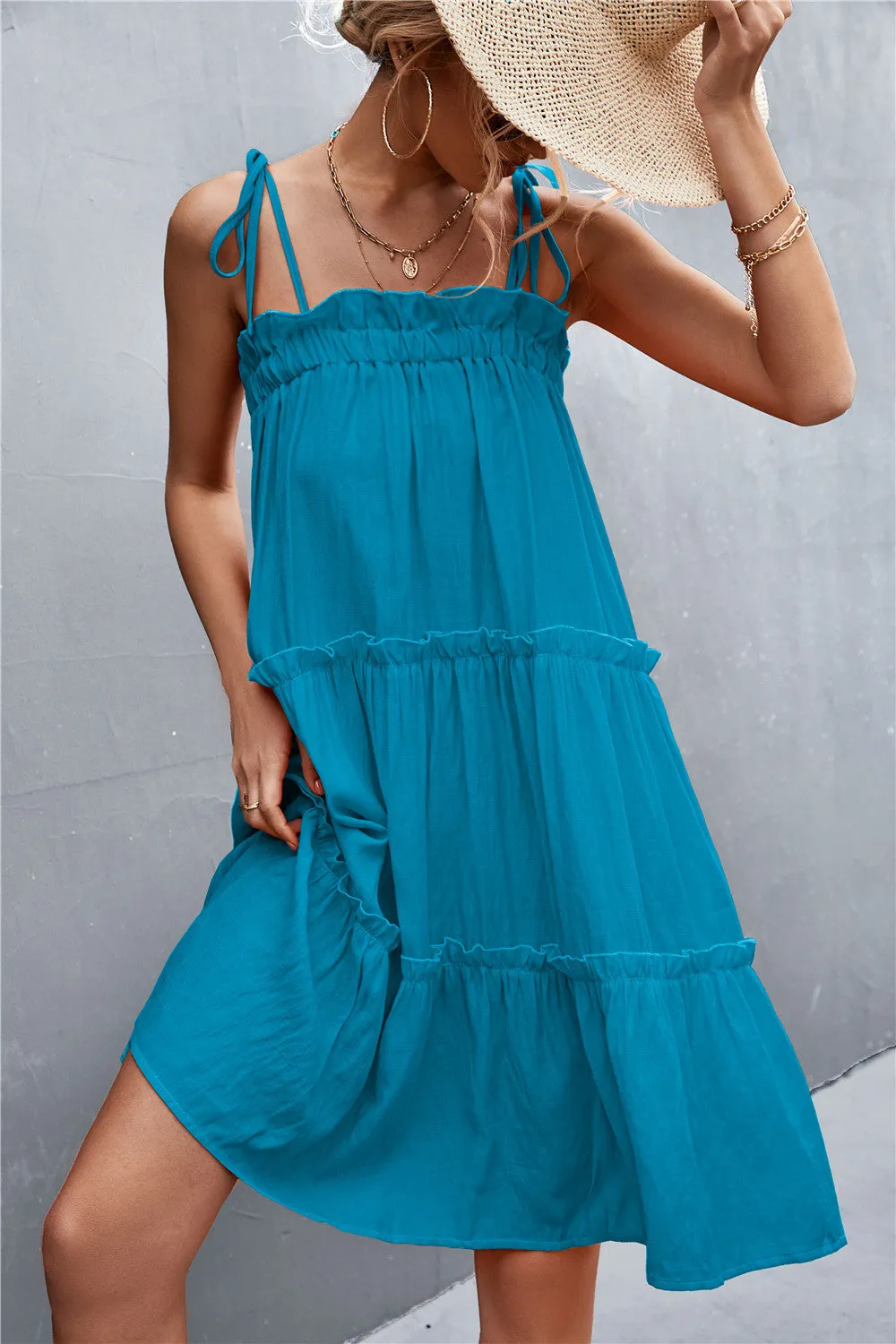 Tie-Shoulder Frill Trim Sleeveless Dress