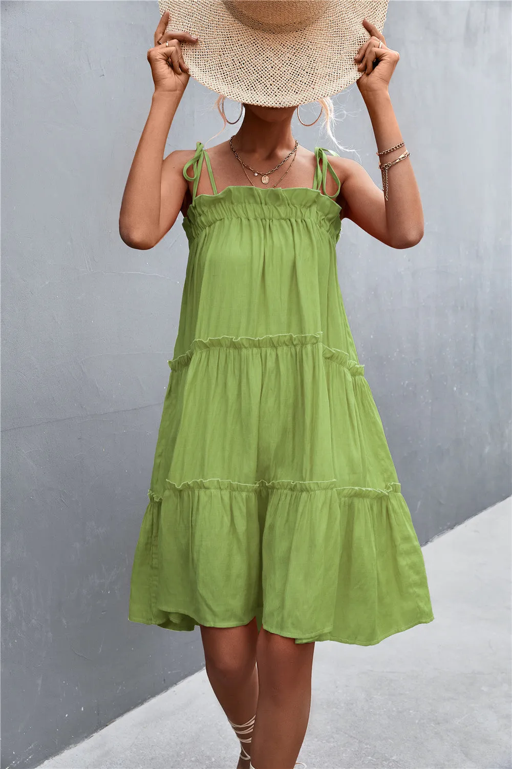 Tie-Shoulder Frill Trim Sleeveless Dress