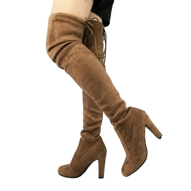 Top Faux Suede Women Thigh High Boots Stretch Slim Sexy Fashion Over the Knee Boots Female Shoes High Heels Black Gray Wine Nude