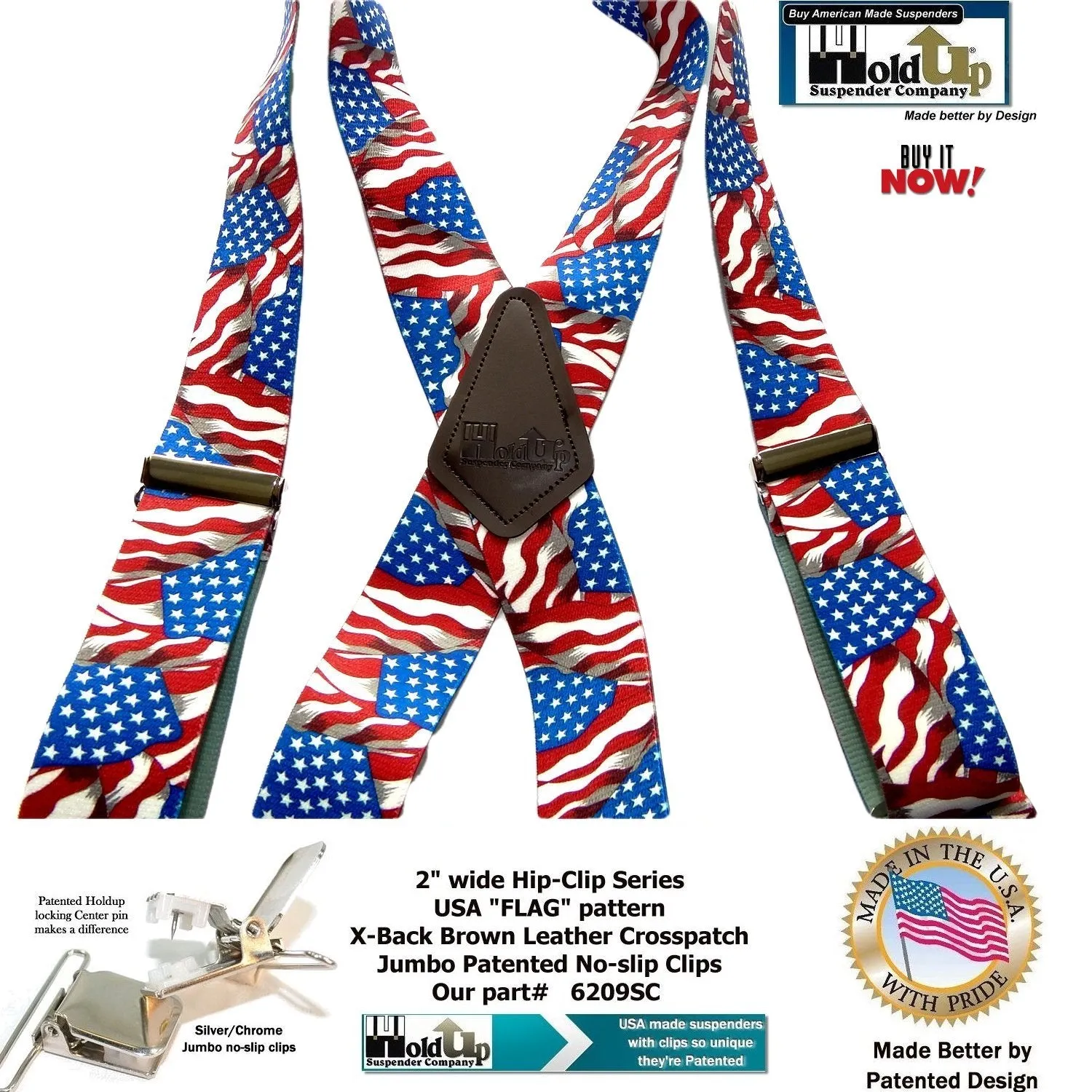 USA Flag pattern Holdup Hip-Clip 2 inch wide suspenders with Patented Jumbo silver tone  no-slip clips