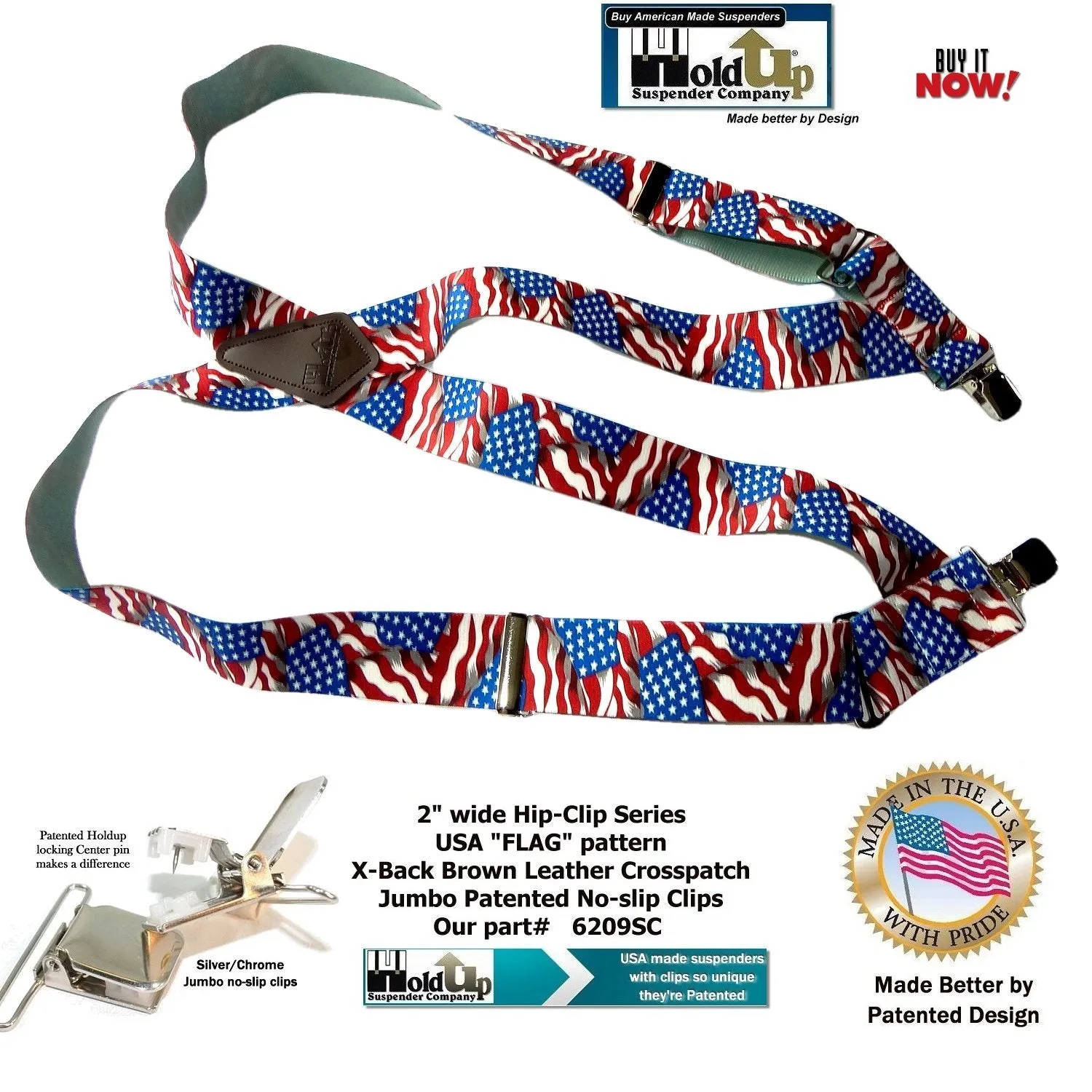 USA Flag pattern Holdup Hip-Clip 2 inch wide suspenders with Patented Jumbo silver tone  no-slip clips