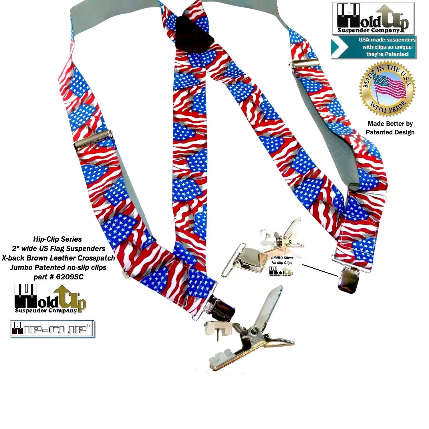 USA Flag pattern Holdup Hip-Clip 2 inch wide suspenders with Patented Jumbo silver tone  no-slip clips