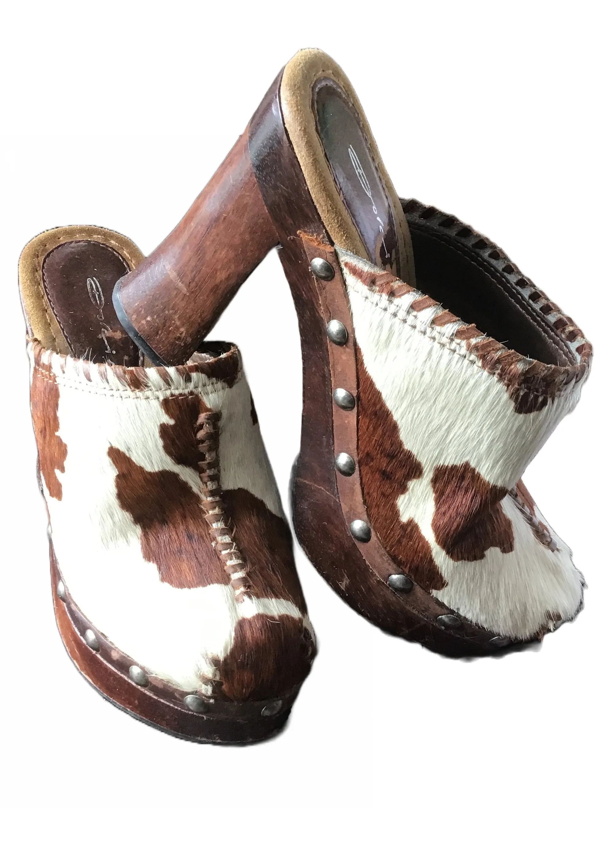 Vintage 70s Revival Cowhide High Heel Clogs Mules