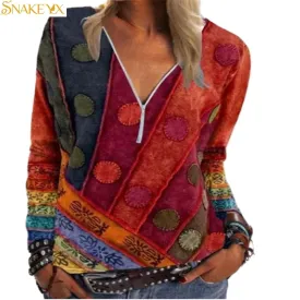 Vintage Printed Zipper V-neck Long Sleeve T-shirt