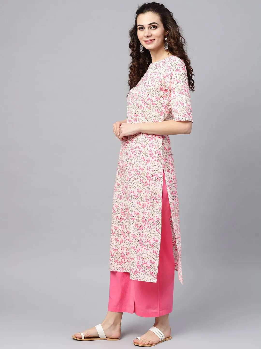 White Printed Floral Straight Kurta Set With Solid Pink Pants