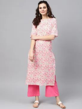 White Printed Floral Straight Kurta Set With Solid Pink Pants