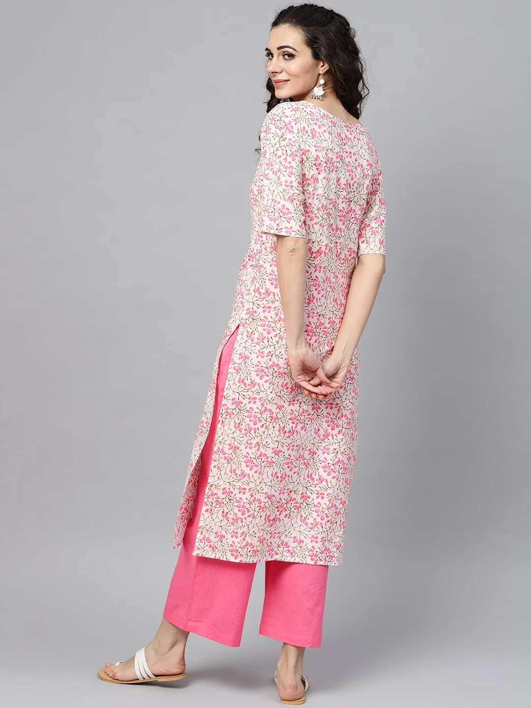 White Printed Floral Straight Kurta Set With Solid Pink Pants