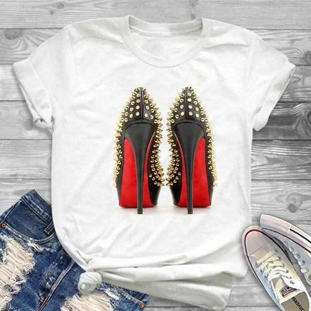 White T-shirt women's shirt fashion high-heeled shoes printed T shirt women's summer short-sleeved casual street clothing Tshirt