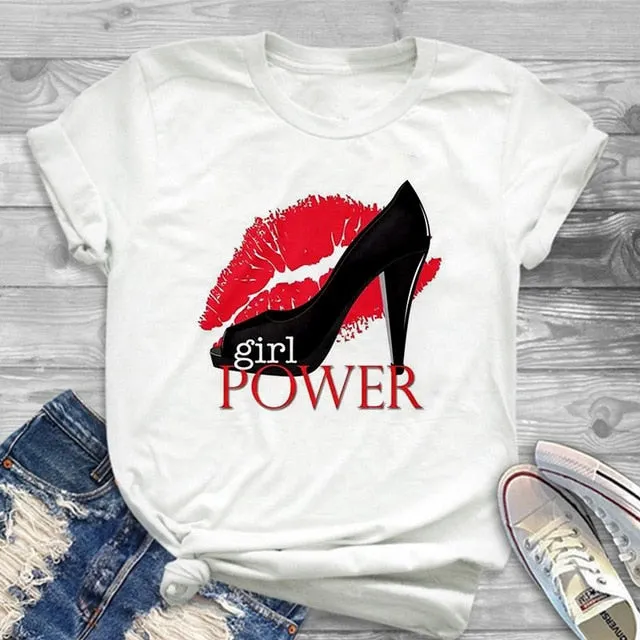 White T-shirt women's shirt fashion high-heeled shoes printed T shirt women's summer short-sleeved casual street clothing Tshirt