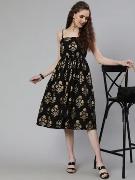 Women Black Ethnic Printed Shoulder Strap Dress