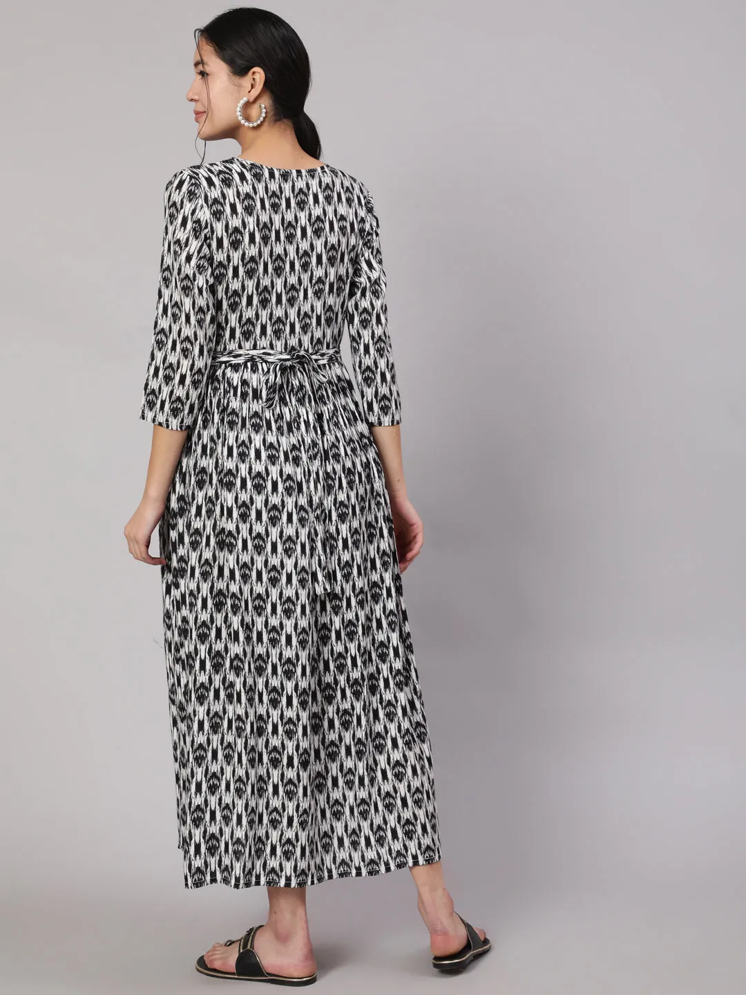 Women Black Geometric Printed Flared Maternity Dress