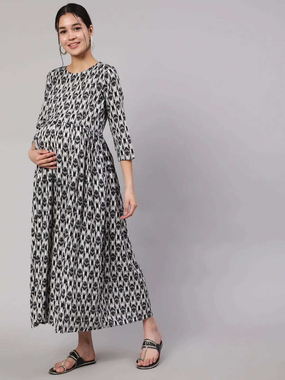 Women Black Geometric Printed Flared Maternity Dress