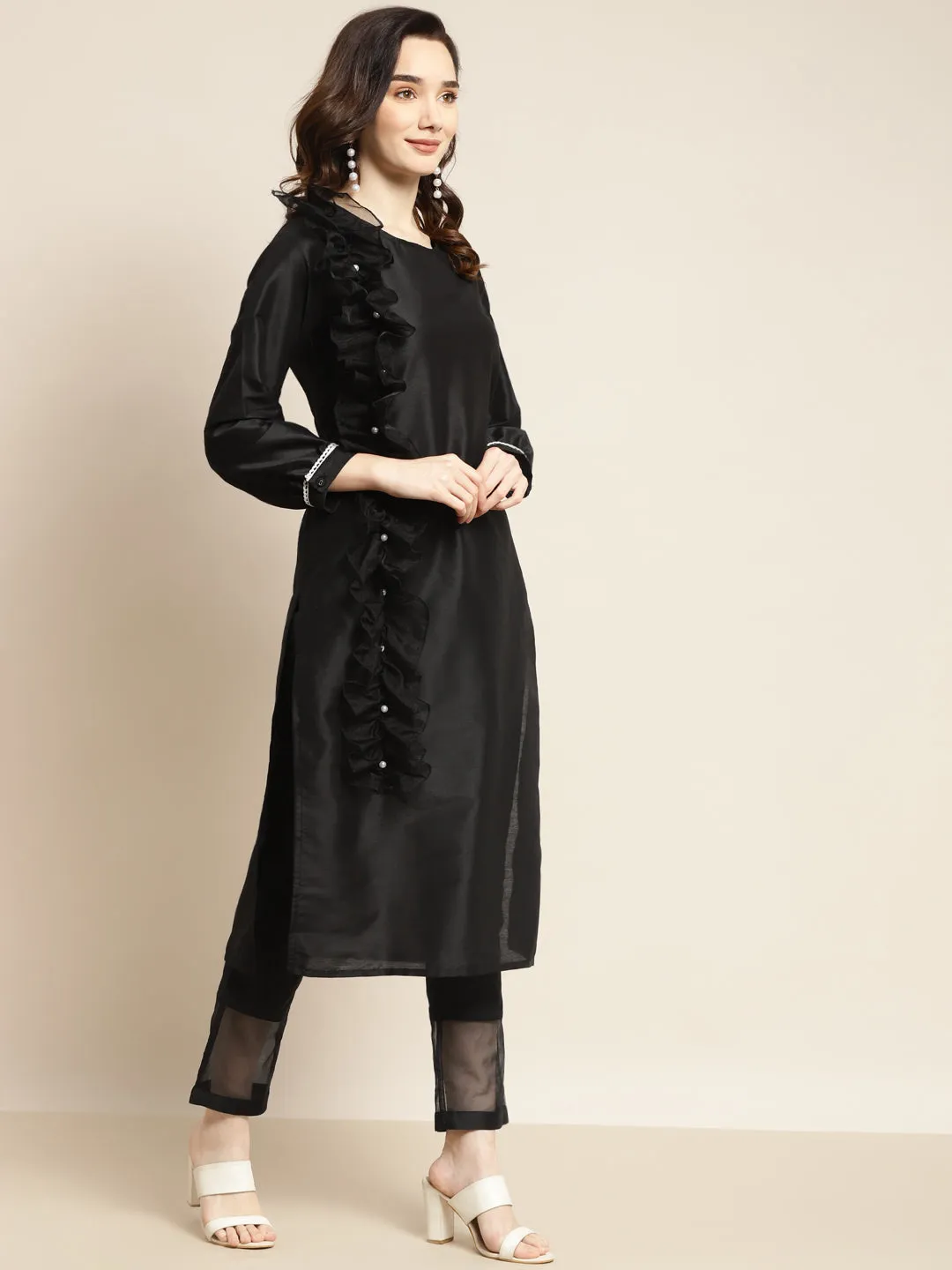 Women Black Organza Ruffle Dupatta Kurta With Pencil Pants