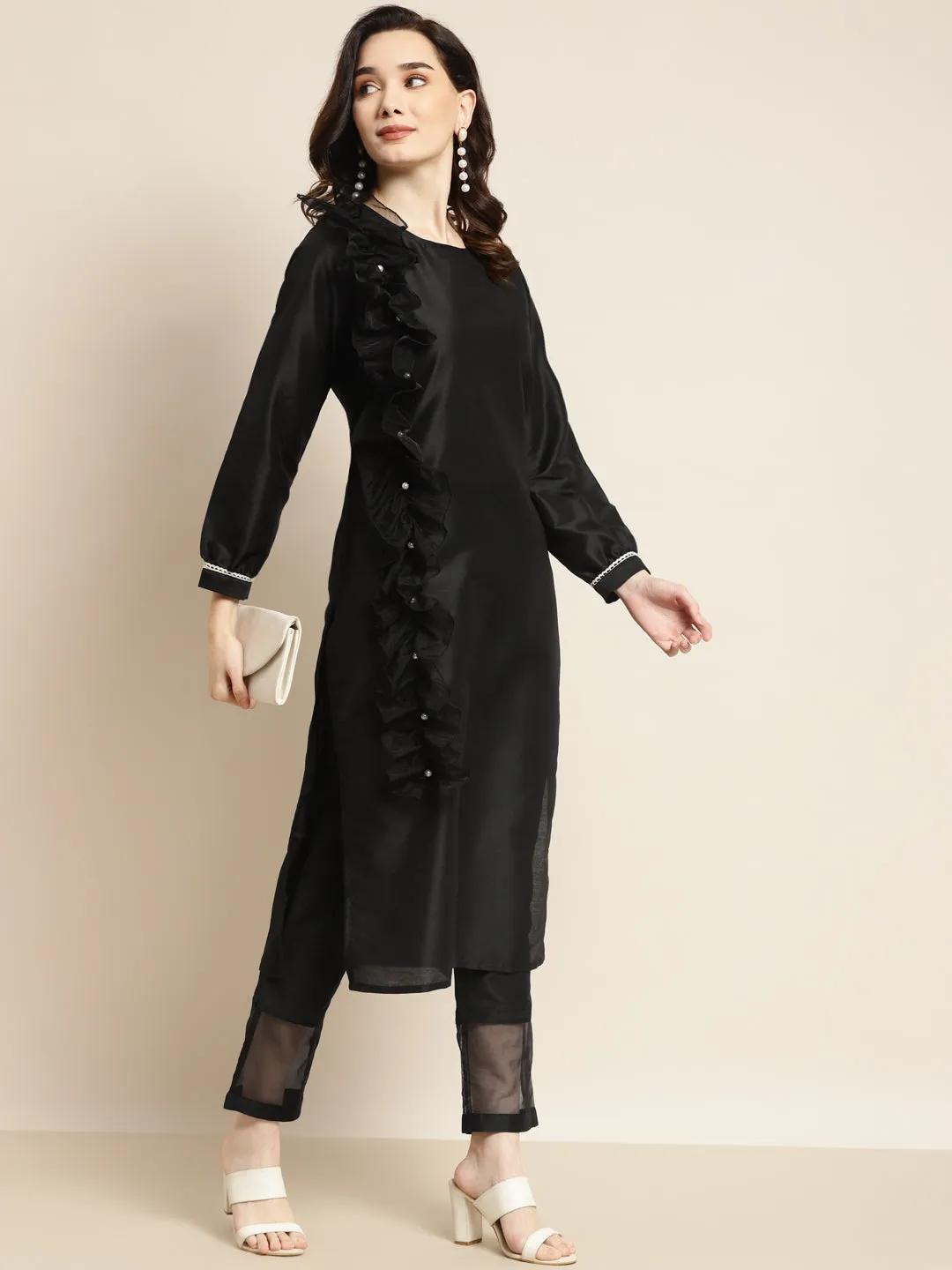 Women Black Organza Ruffle Dupatta Kurta With Pencil Pants