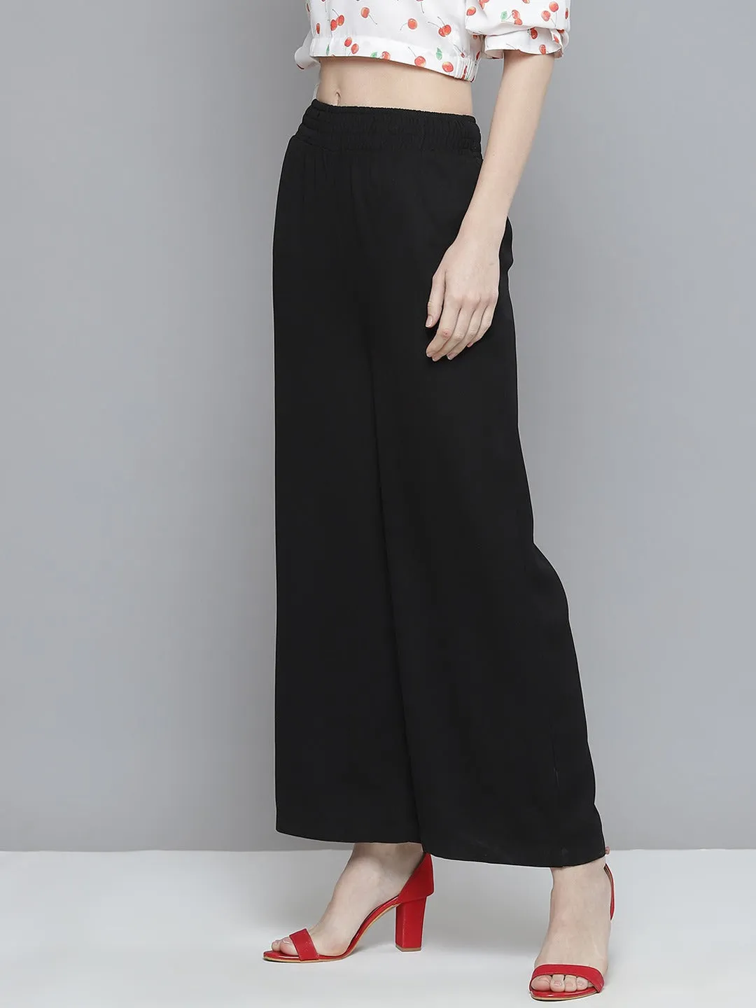 Women Black Smocked Waist Wide Leg Pants