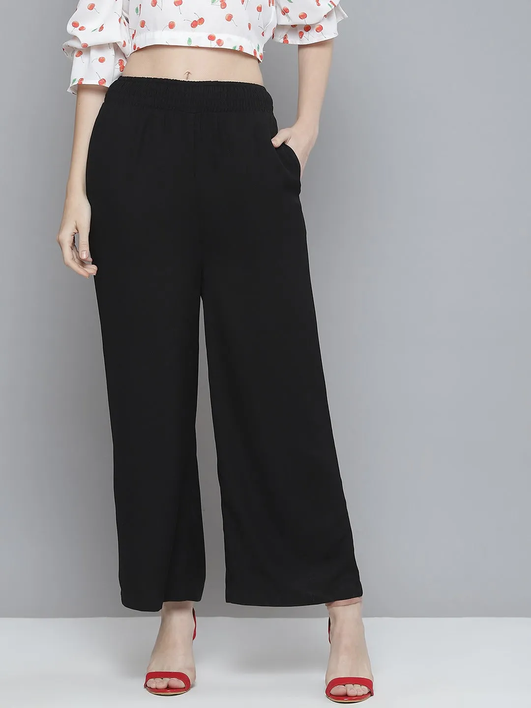 Women Black Smocked Waist Wide Leg Pants