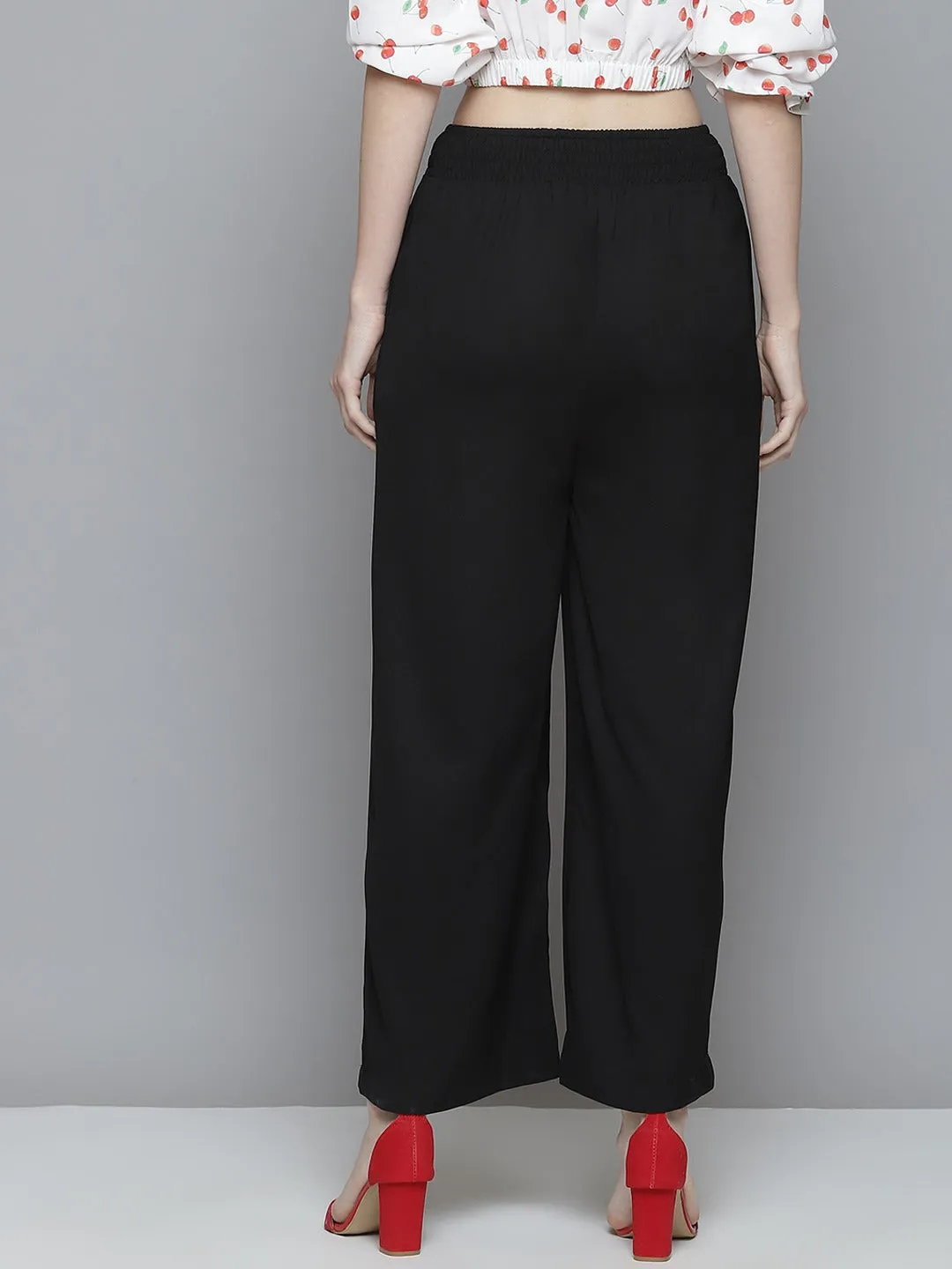 Women Black Smocked Waist Wide Leg Pants