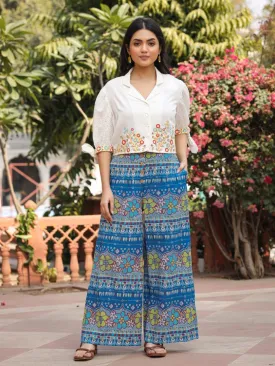 Women Blue Rayon & Cotton Cambric Printed With Embroidered Co-Ord Set