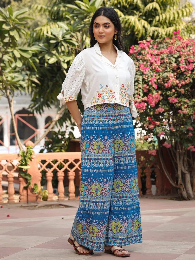 Women Blue Rayon & Cotton Cambric Printed With Embroidered Co-Ord Set