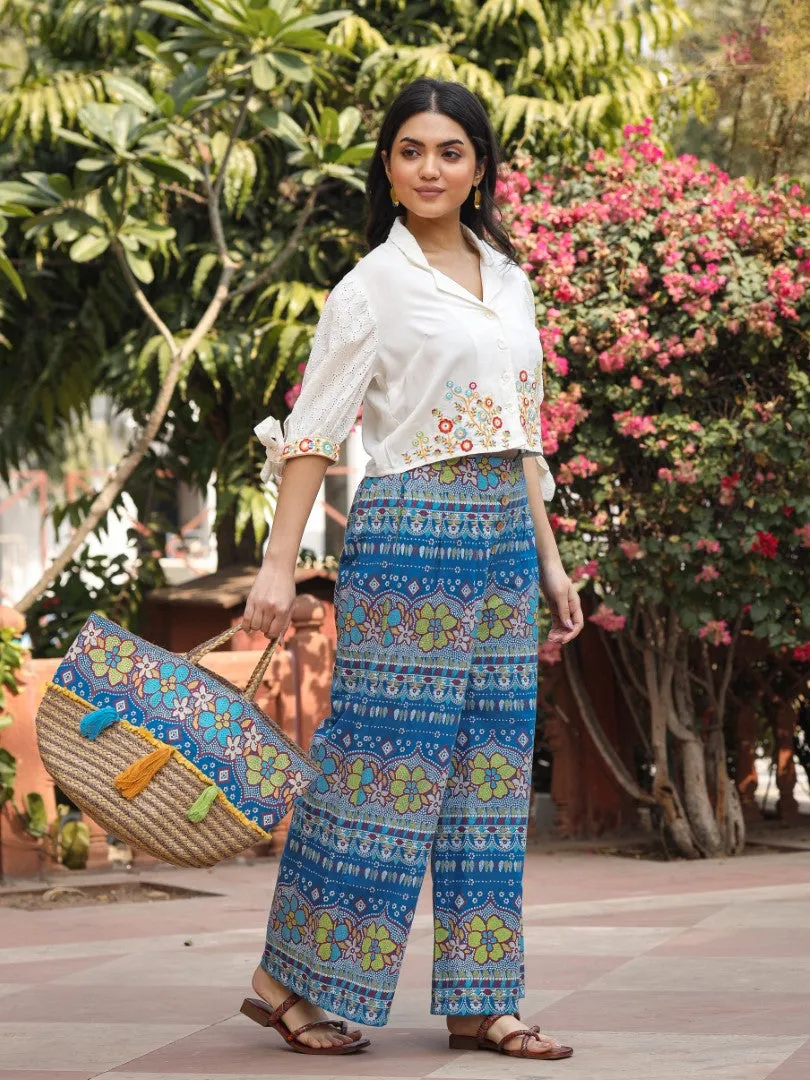 Women Blue Rayon & Cotton Cambric Printed With Embroidered Co-Ord Set