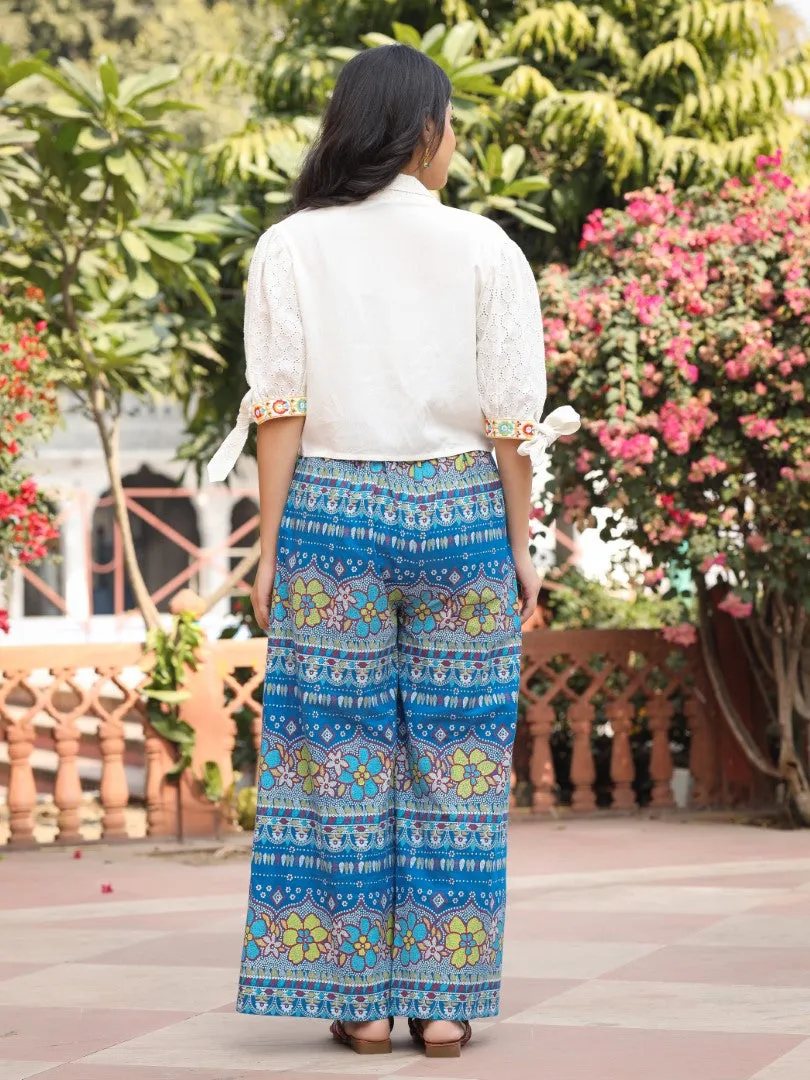 Women Blue Rayon & Cotton Cambric Printed With Embroidered Co-Ord Set