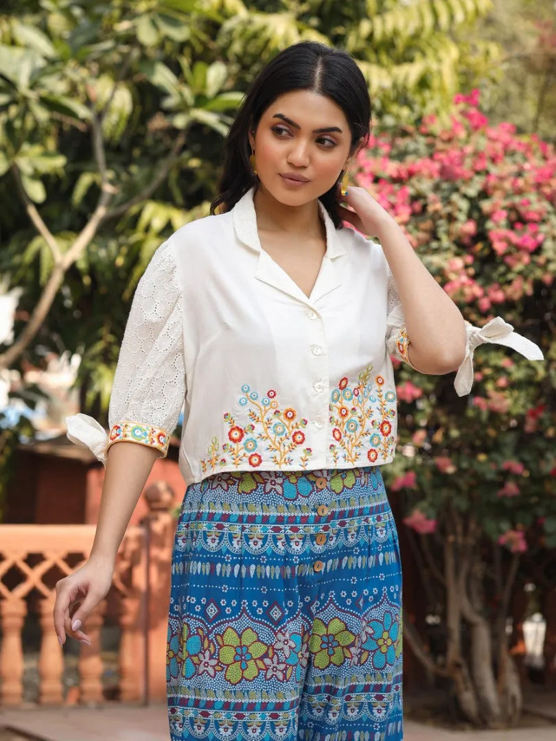 Women Blue Rayon & Cotton Cambric Printed With Embroidered Co-Ord Set