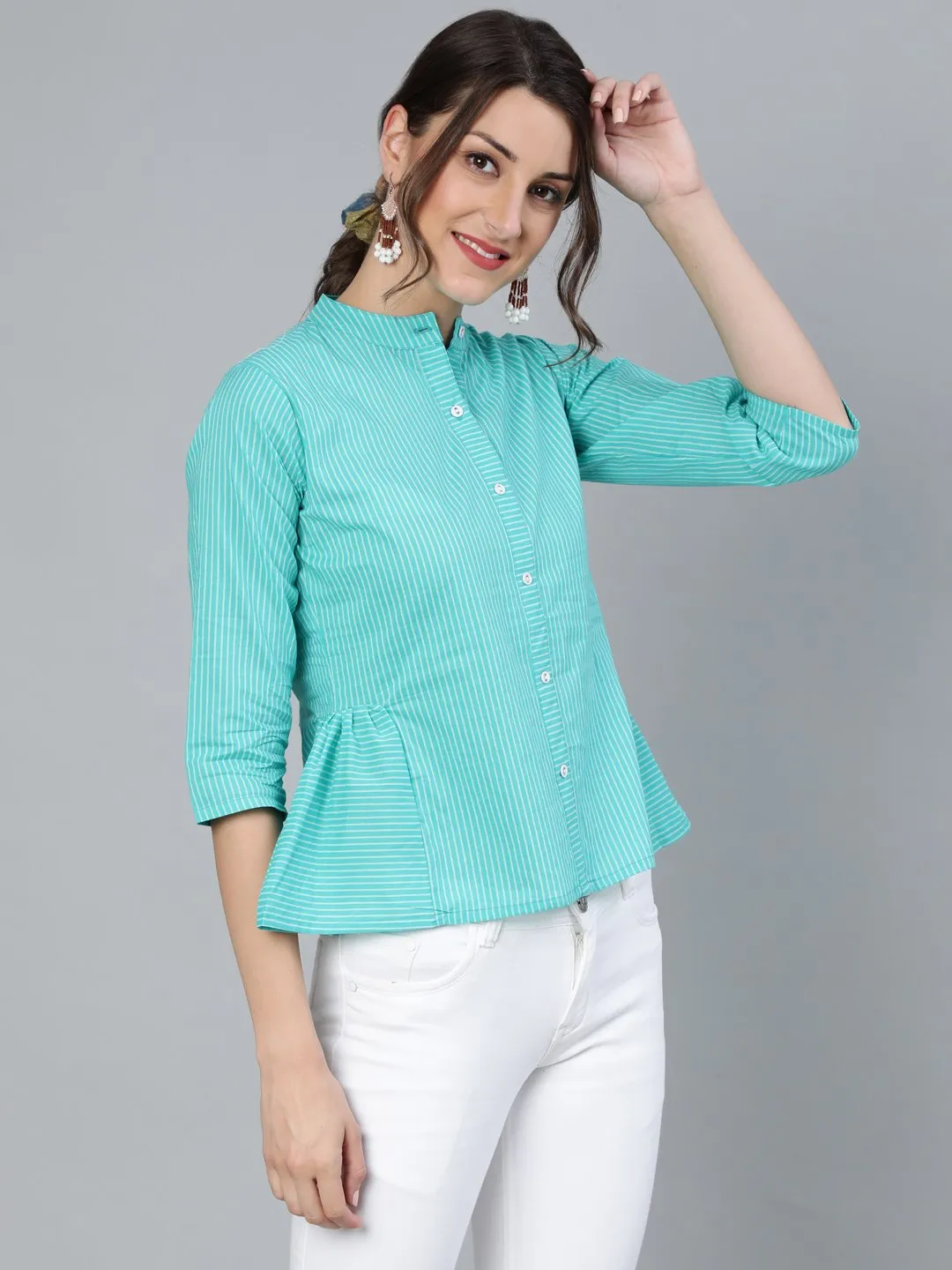 Women Blue Stripped Top With Round Neck & Three Quarter Sleeves