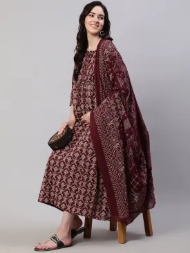 Women Burgundy Printed Flared Maternity Dress Dupatta