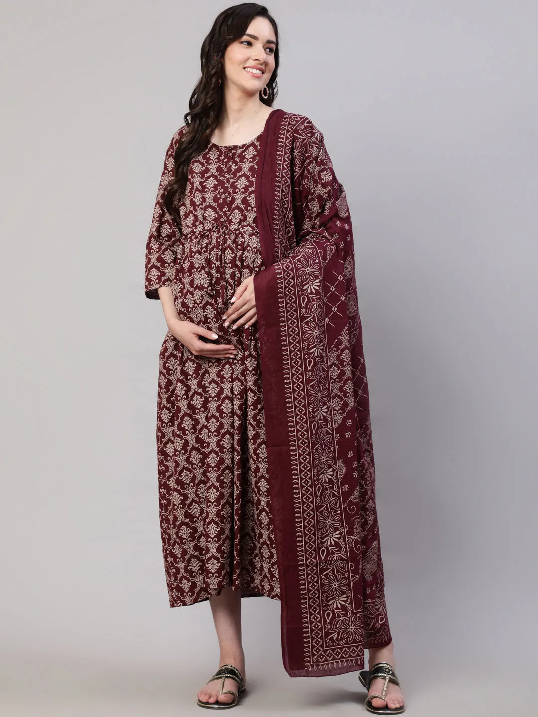 Women Burgundy Printed Flared Maternity Dress Dupatta