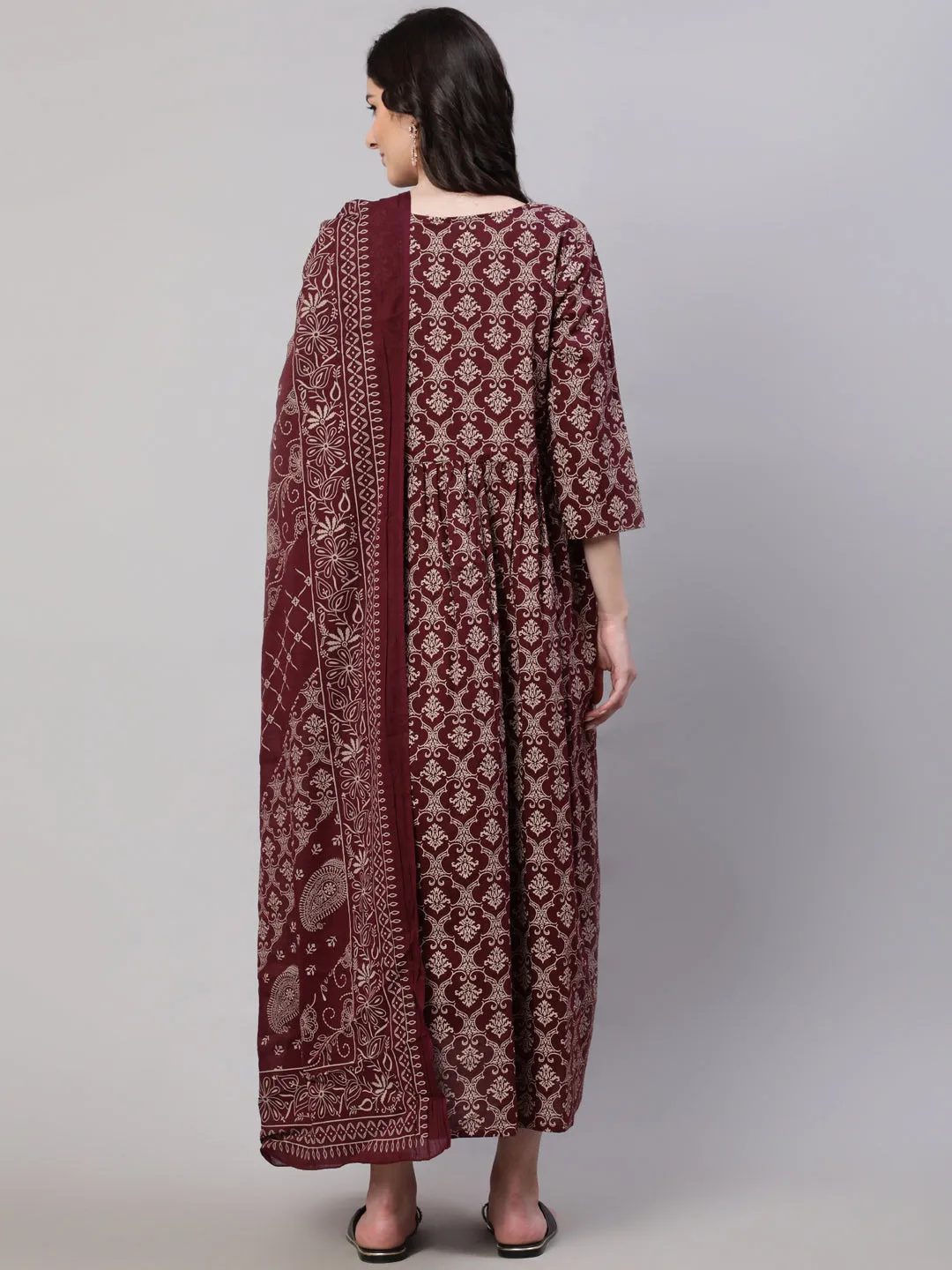 Women Burgundy Printed Flared Maternity Dress Dupatta