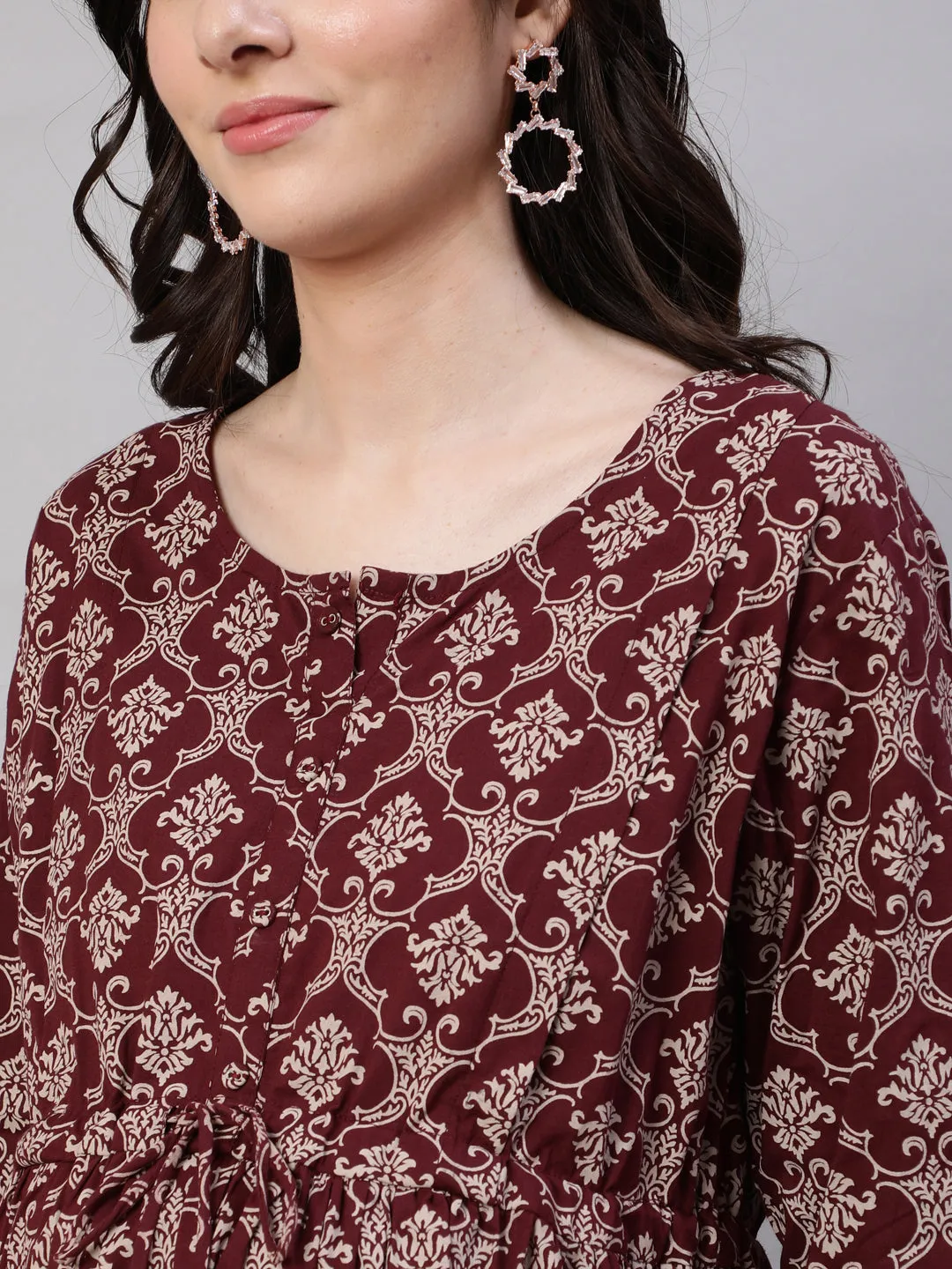 Women Burgundy Printed Flared Maternity Dress Dupatta