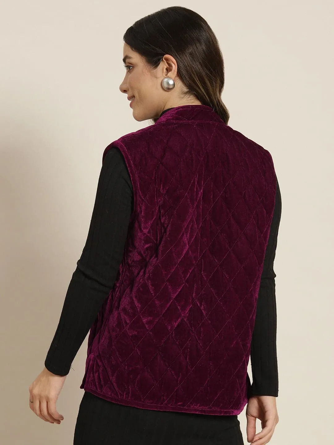 Women Burgundy Velvet Sleeveless Quilted Jacket