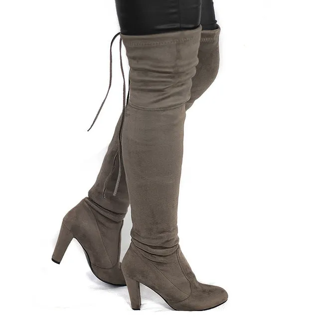 Women Faux Suede Thigh High Boots Fashion Over the Knee Boot Stretch Flock Sexy Overknee High Heels Woman Shoes Black Red Gray