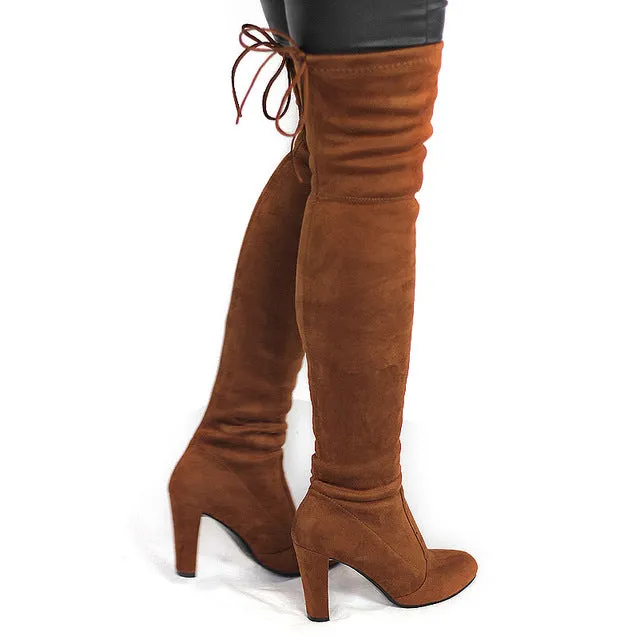 Women Faux Suede Thigh High Boots Fashion Over the Knee Boot Stretch Flock Sexy Overknee High Heels Woman Shoes Black Red Gray