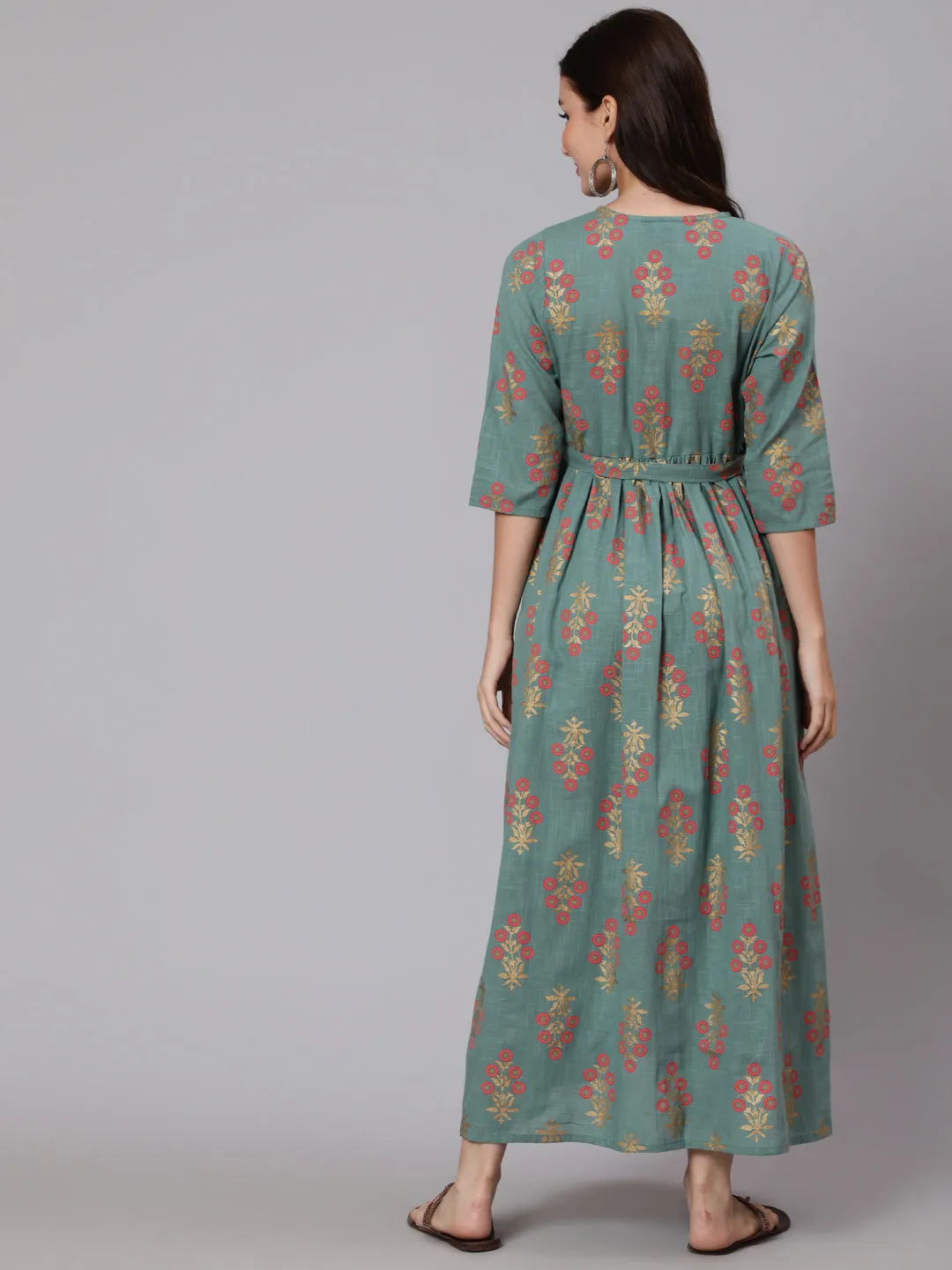 Women Green Ethnic Printed Flared Maternity Dress