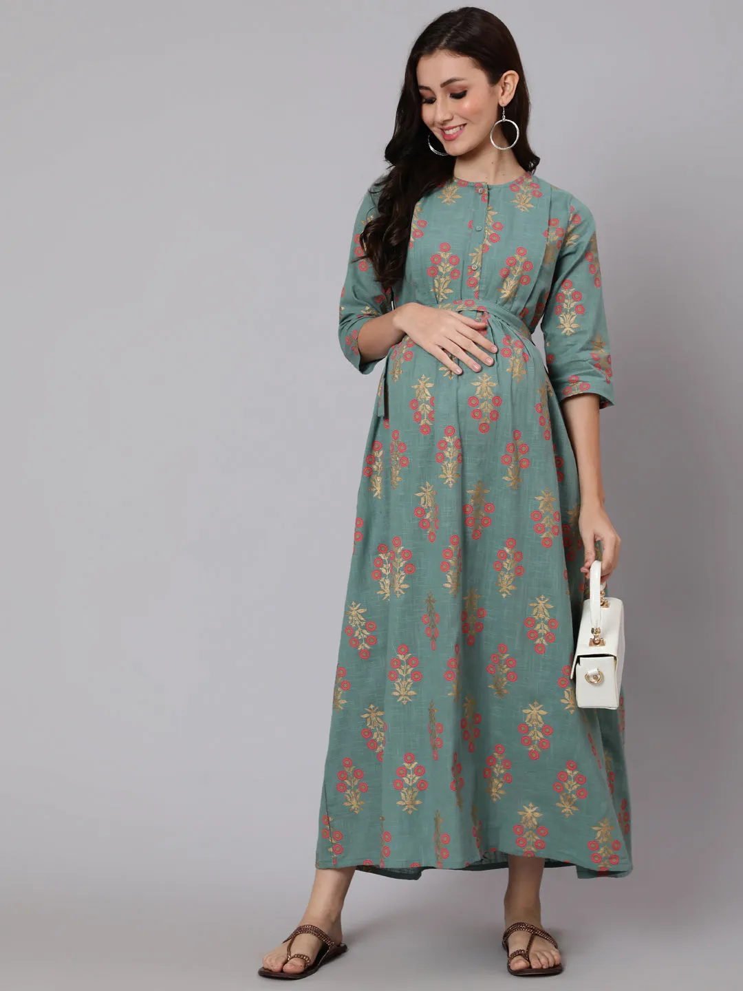 Women Green Ethnic Printed Flared Maternity Dress