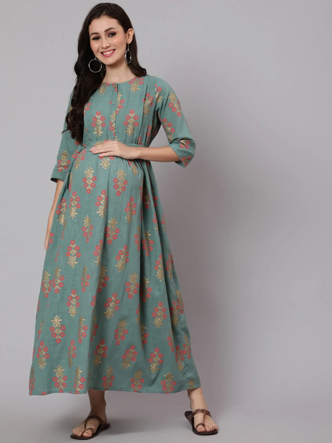 Women Green Ethnic Printed Flared Maternity Dress