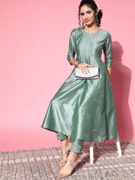 Women Green Mirror Embroidered Anarkali Kurta With Pants