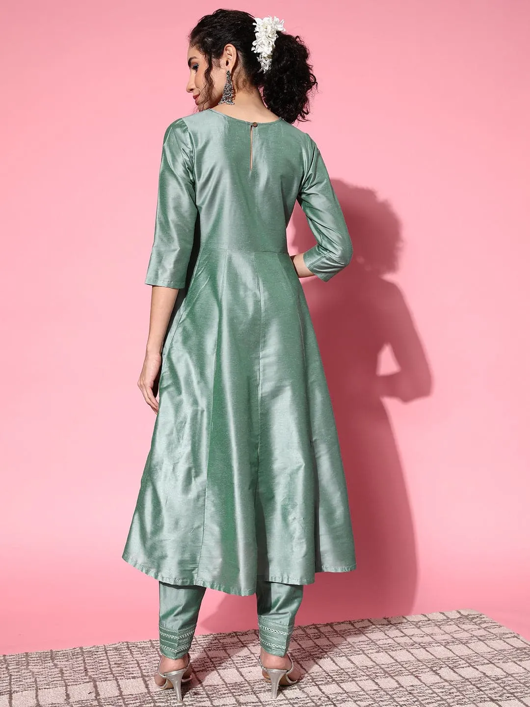 Women Green Mirror Embroidered Anarkali Kurta With Pants