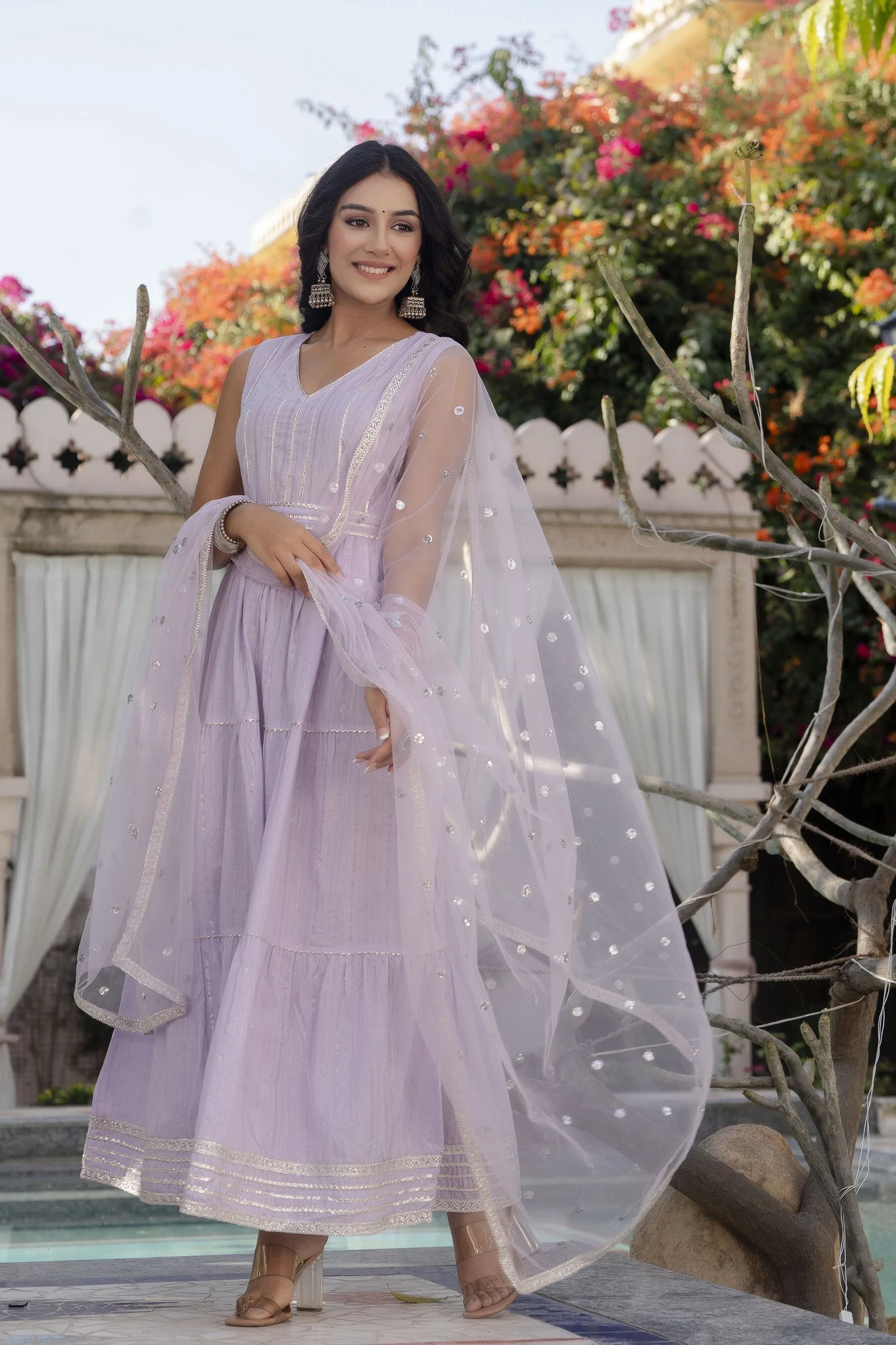 Women Lavender Embroidered Flared Dress With Scalloped Dupatta