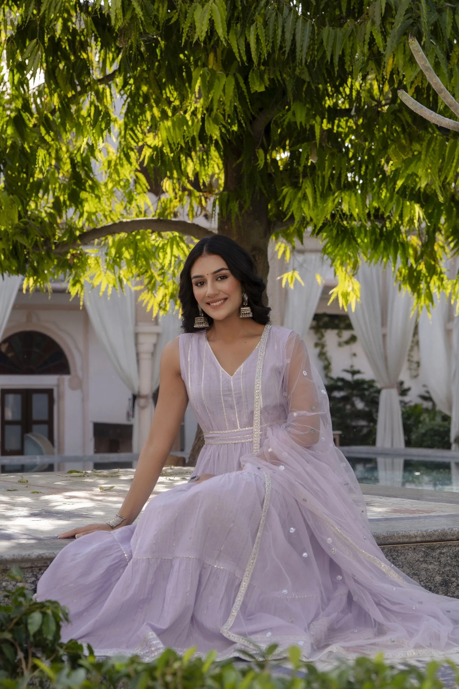 Women Lavender Embroidered Flared Dress With Scalloped Dupatta