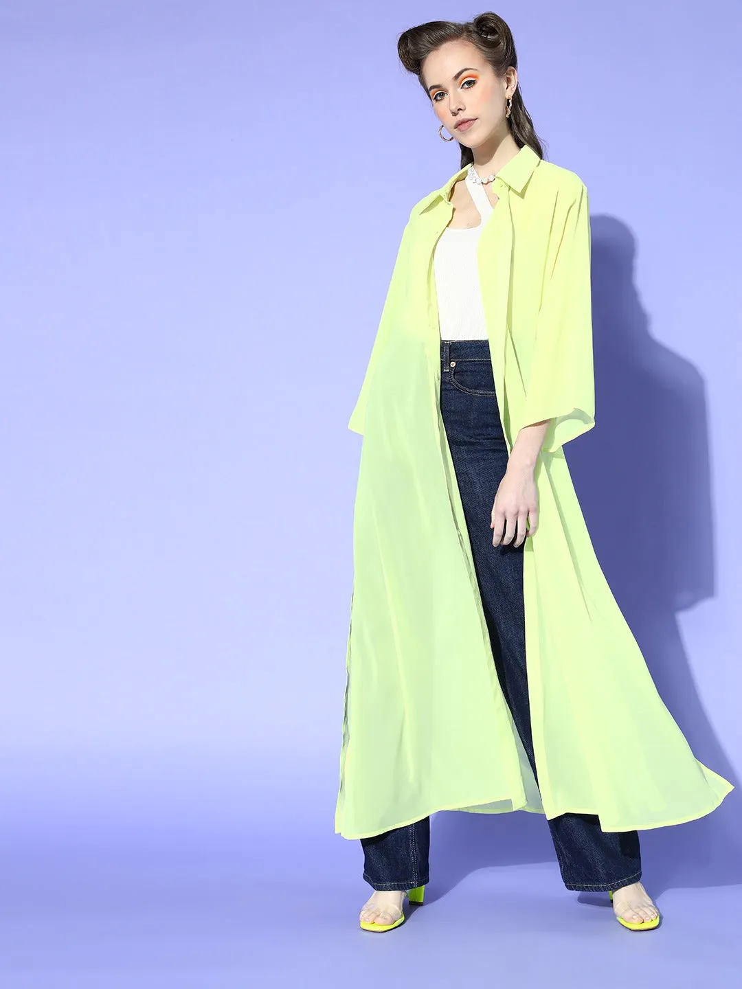 Women Lime Green Collared Shrug