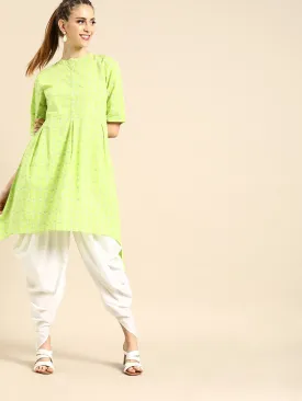 Women Lime Green Three-Quarter Sleeves Asymmetric Kurta With Dhoti Pants